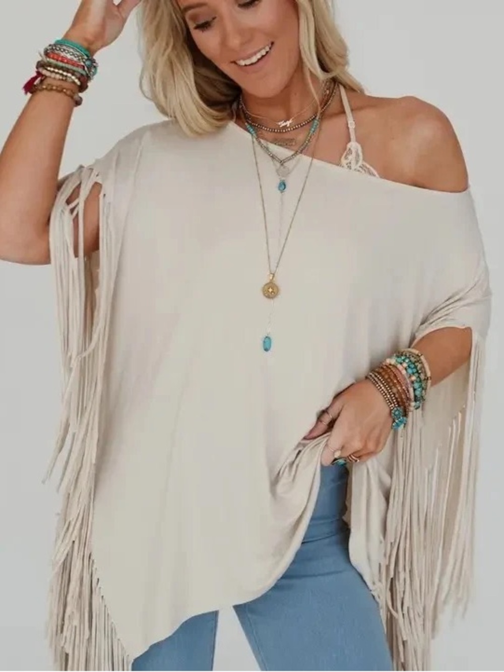 The Nest Showstopper Fringe Top Ivory Boho Western Festival Medium